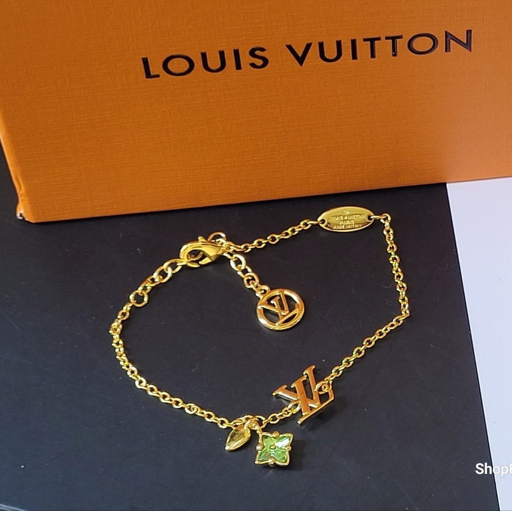 Louis Vuitton Gold and Green Flower Charm Bracelet - Picture 1 of 13